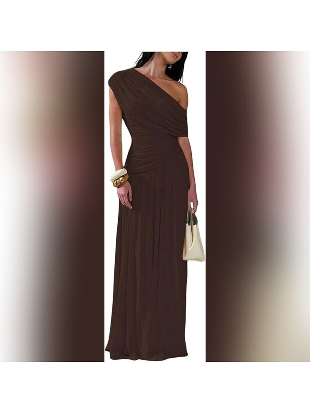 NWT Gorglitter Brown One Shoulder Ruched Evening Elegant Maxi Dress, Small